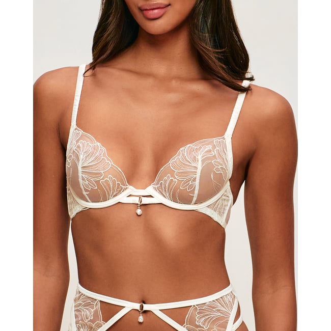 Soutien-gorge corbeille en mesh avec broderies florales et pendentif perle LENIZ ecru <span itemprop=