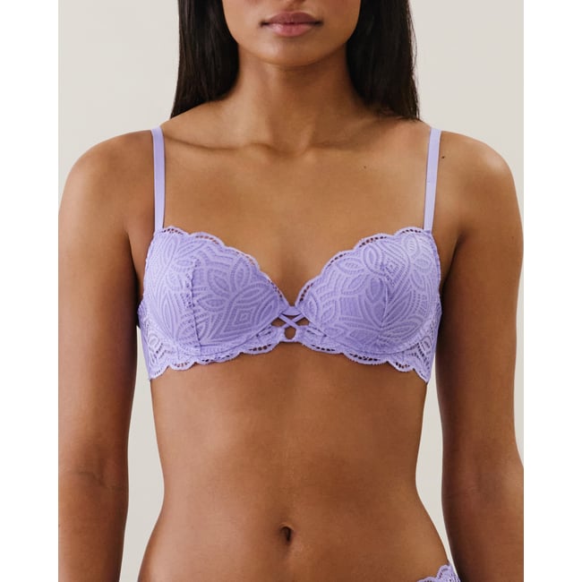 Soutien-gorge Push-up Dentelle Florale Lilas Taille 28A - Sans étiquettes Mais Neuf - Détail Bijou Et Nœud