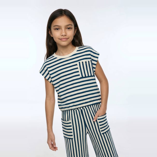T-shirt rayé en coton prussien <span itemprop=