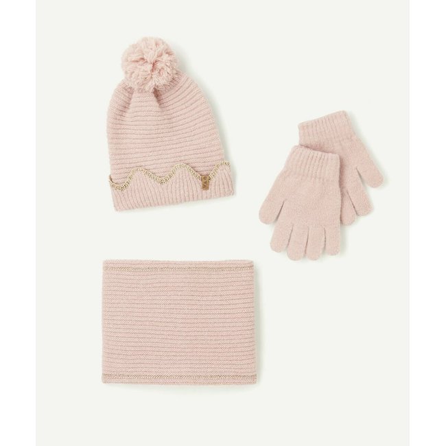 Conjunto gorro, guantes y snood rosa <span itemprop=