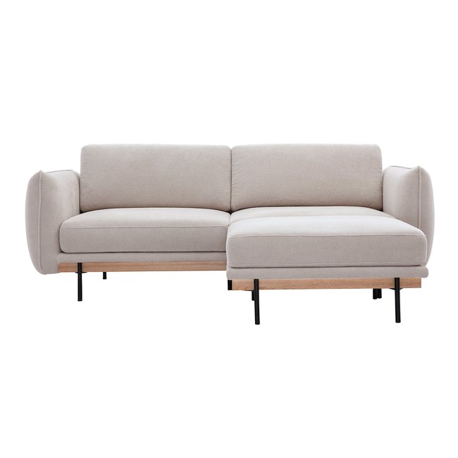 Canapé design 3 places et repose-pieds en tissu chenille beige et métal noir TODD Couleur beige <span itemprop=