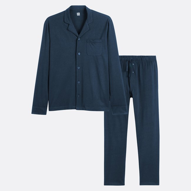 Pyjama long col chemise en jersey bleu marine <span itemprop=