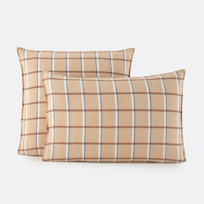 Funda de almohada en lino lavado, de cuadros, DANAHEL beige/caramelo <span itemprop=
