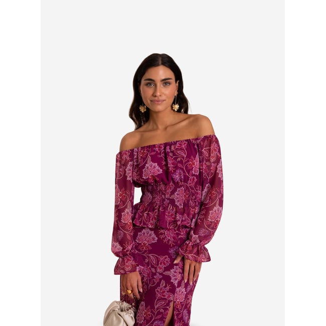 Chemisier encolure bardot CARMONA rose <span itemprop=