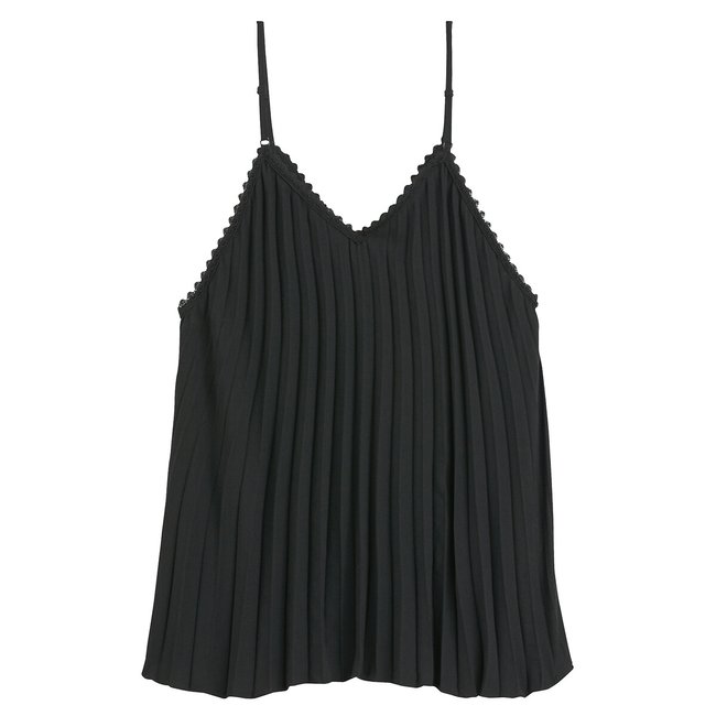 Top de alças finas, plissado atrás preto <span itemprop=