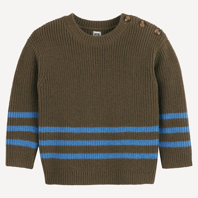 Pull col rond en grosse maille  vert kaki rayé <span itemprop=