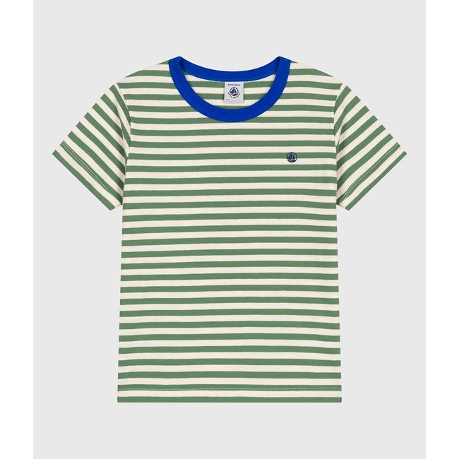 T-shirt a righe a maniche corte in cotone verde + ecru PETIT BATEAU