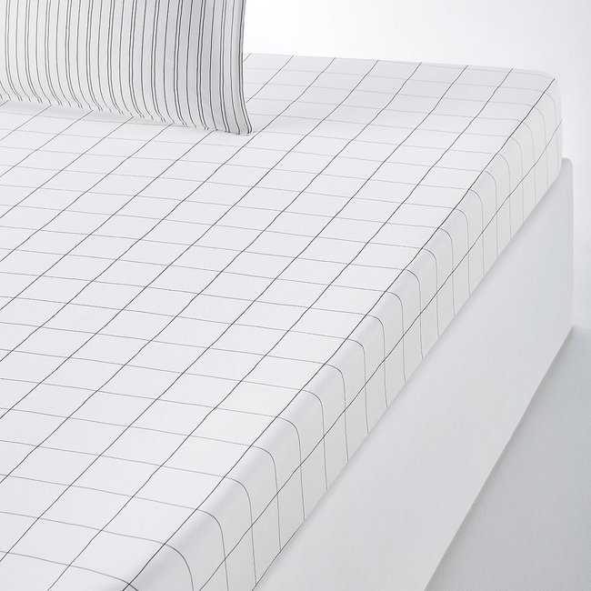 Monille Checked 100% Washed Cotton Fitted Sheet, black/white checked print, LA REDOUTE INTERIEURS
