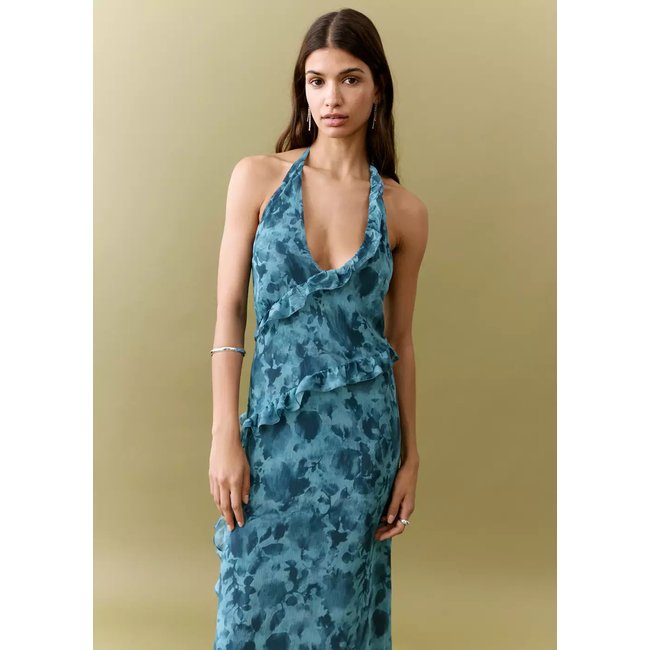 Robe imprimée à volants bleu <span itemprop=