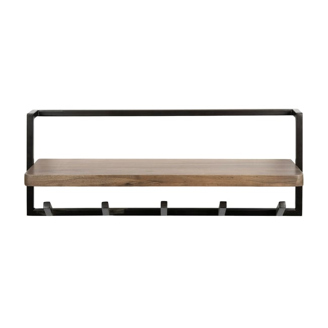 Portemanteau mural 1 étagère bois massif 5 crochets NAKO Couleur marron <span itemprop=