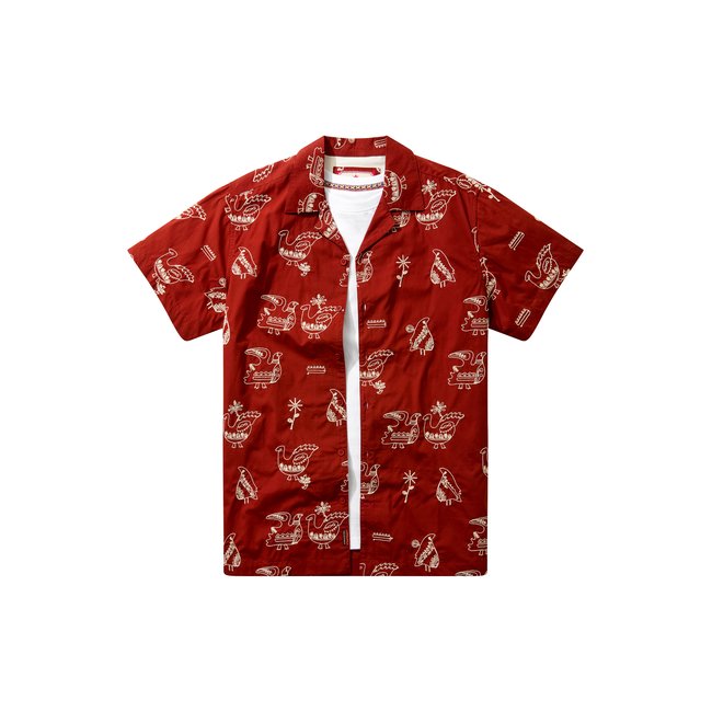 Chemise à col ouvert brodée motif oiseau orange <span itemprop=