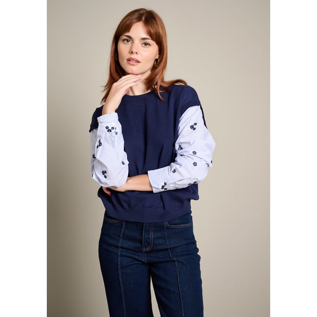 Pull à manches en popeline bleu marine <span itemprop=