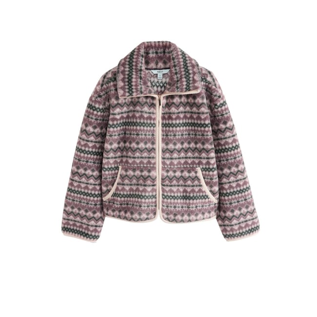 Veste en peau lainée à motif jacquard gris/ rose/ blanc <span itemprop=