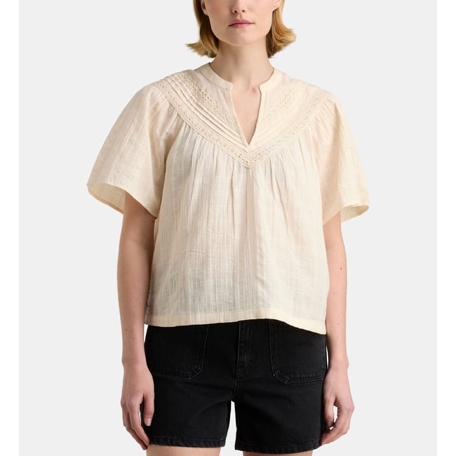 Top cascavel brodé en dobby de coton bio écru <span itemprop=