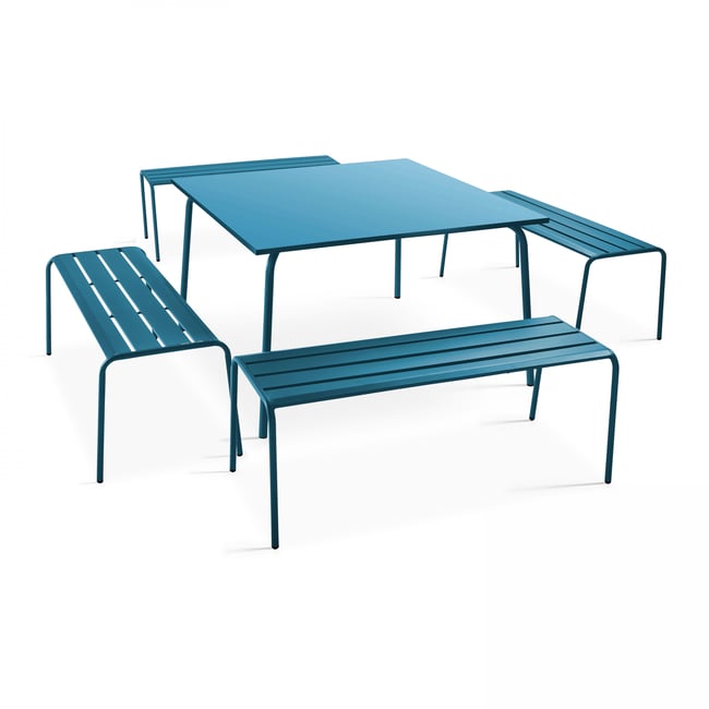Salon de jardin table carrée et 4 bancs en métal, PALAVAS bleu pacific <span itemprop=