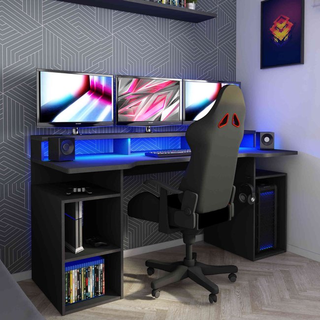 Bureau gaming avec niches en bois Couleur anthracite <span itemprop=