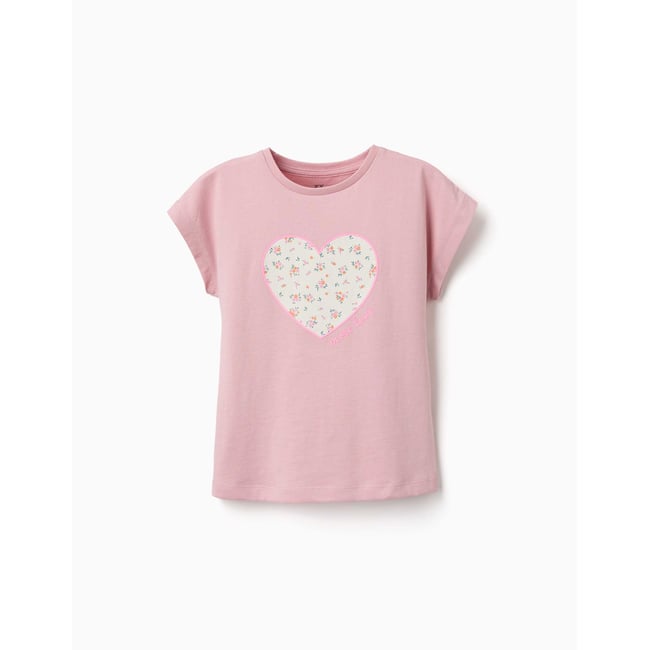 T-shirt en coton avec imprimé cœur floral rose clair <span itemprop=