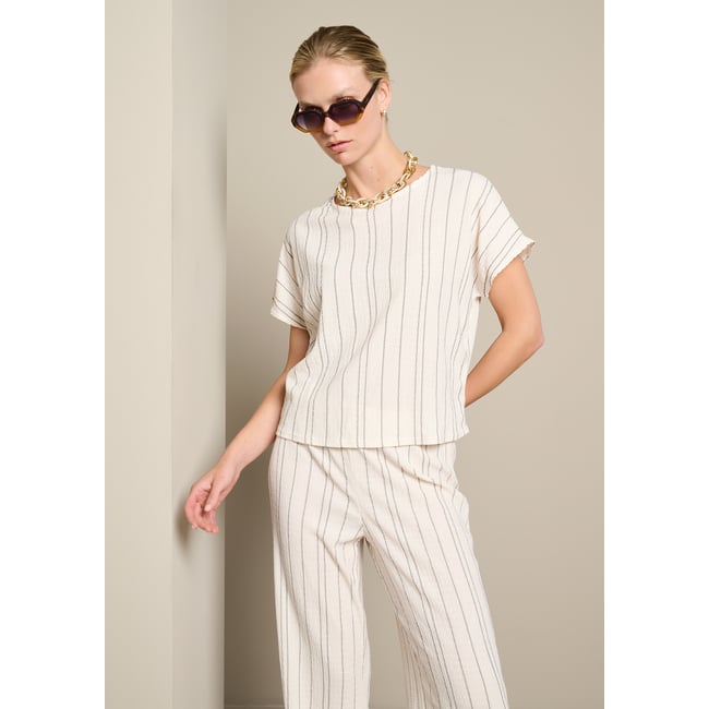 T-shirt texturé rayé blanc vanille <span itemprop=