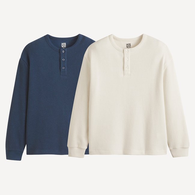 Lot de 2 T-shirts manches longues, nid d'abeille bleu marine + écru <span itemprop=