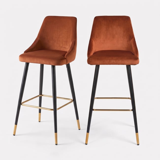 Lot de 2 chaises de bar 78 cm en velours, pieds en métal - ARISTOTE Couleur terracotta <span itemprop=