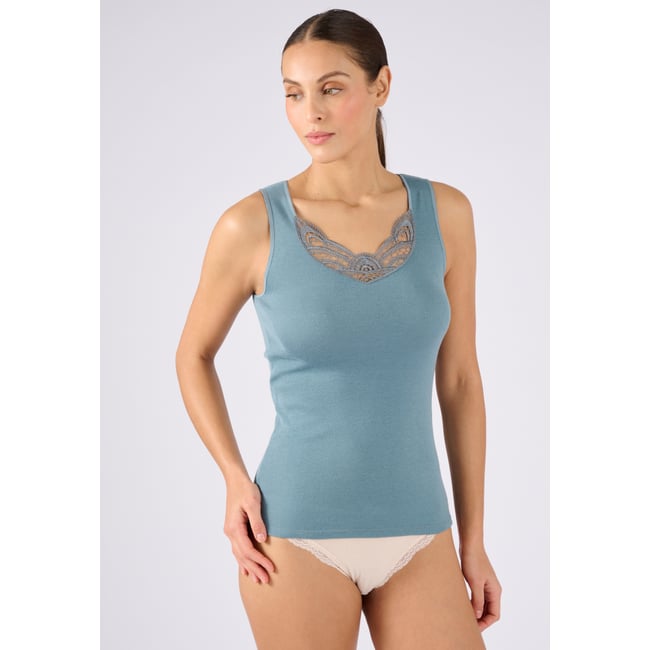 Débardeur fine côte guipure Thermolactyl bleu grisé <span itemprop=