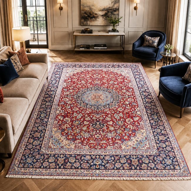 Tapis d'orient au motif oriental, noué main, NADJAFABAD A Couleur rouge, beige, bleu <span itemprop=