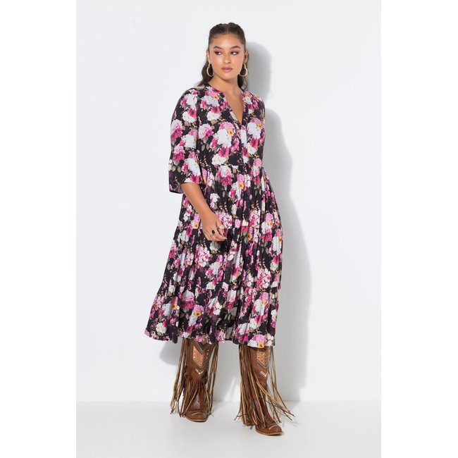 Robe trapèze midi, motif hortensia rose vif fuchsia <span itemprop=