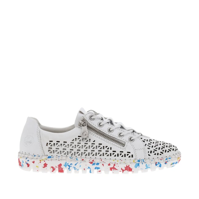 Sneakers en cuir blanc ajouré à semelle multicolore, lacet et zip latéral blanches <span itemprop=
