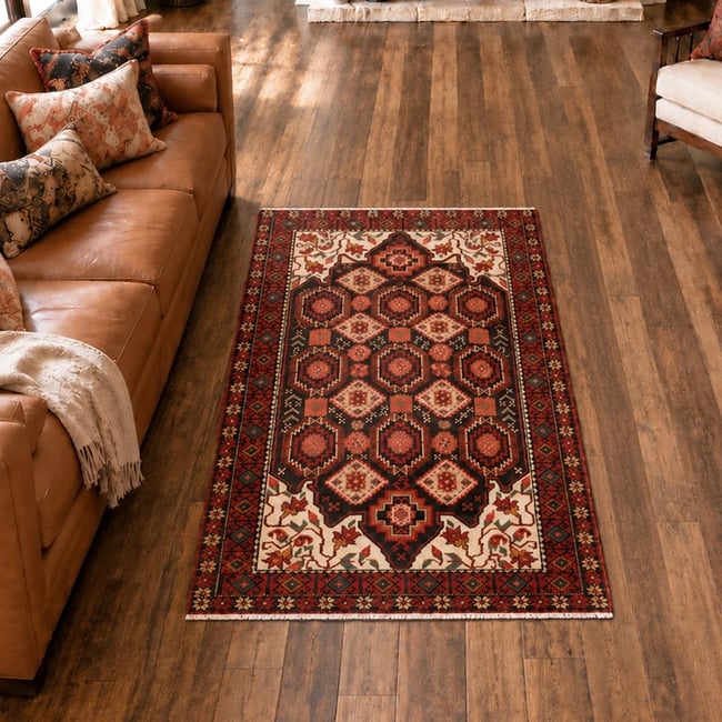 Tapis d'orient, motif oriental artisanal, noué main, BALUTSCH 4 Couleur multicolore, beige, bordeaux <span itemprop=