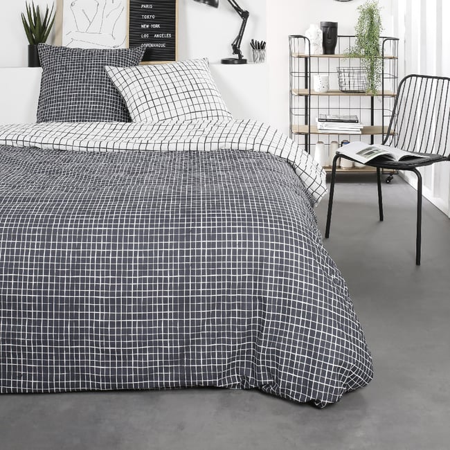 Parure de lit 2 personnes imprimé a carreaux coton SUNSHINE CASSI bleu <span itemprop=