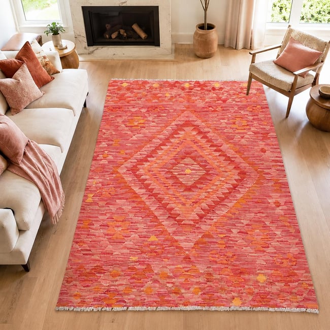 Tapis kilim géométrique, tissé plat en laine, KILIM 39 Couleur rouge, orange, rose <span itemprop=