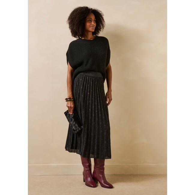Jupe longue plissée à imprimé noir <span itemprop=
