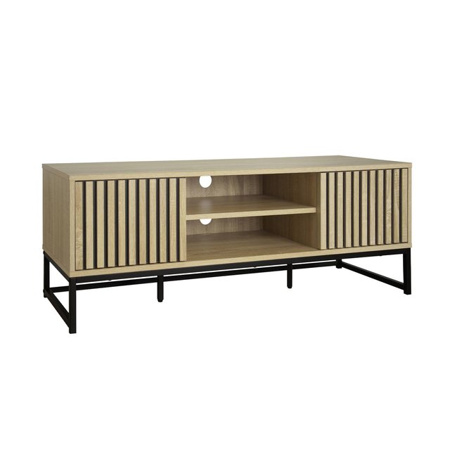 Meuble TV décor bois rainuré et métal 2 portes 120cm LISBONNE Couleur naturel <span itemprop=