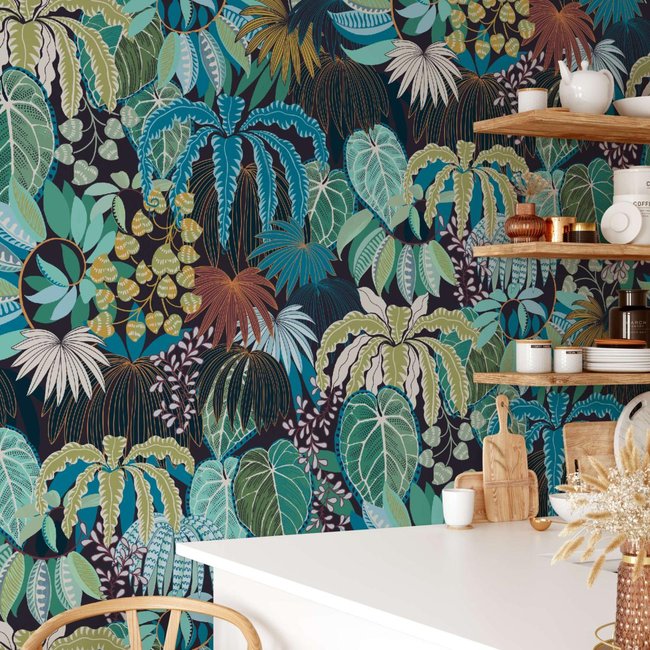 Papier peint végétal, Plantes grimpantes et feuilles tropicales - 255x260 cm (l x h) Couleur vert <span itemprop=