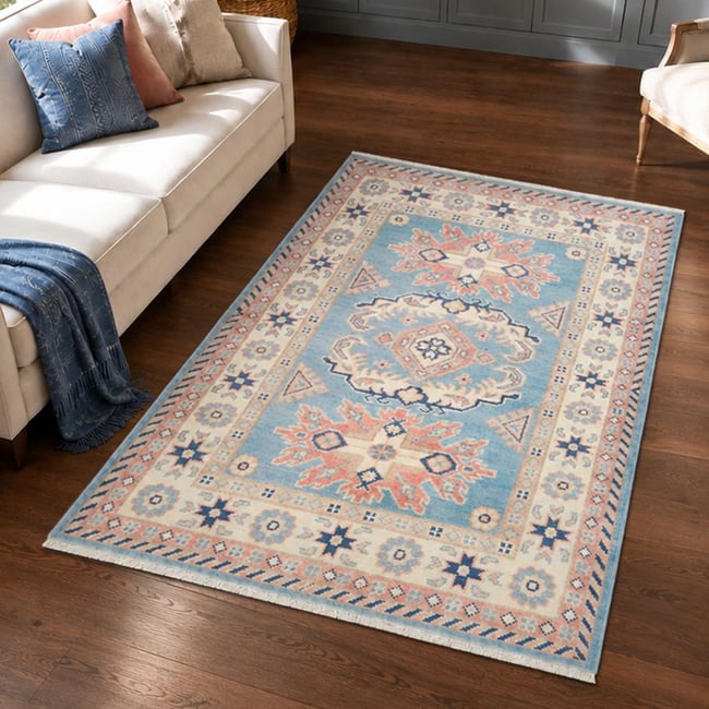 Tapis salon traditionnel, noué main en laine, KAZAK CO 55 Couleur bleu, crème, rose <span itemprop=