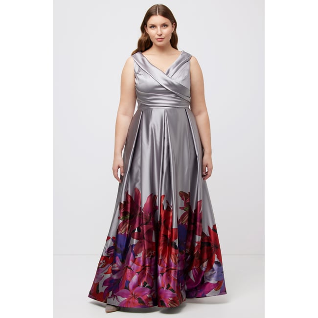 Robe de soirée, bordure, ligne en A gris métal <span itemprop=