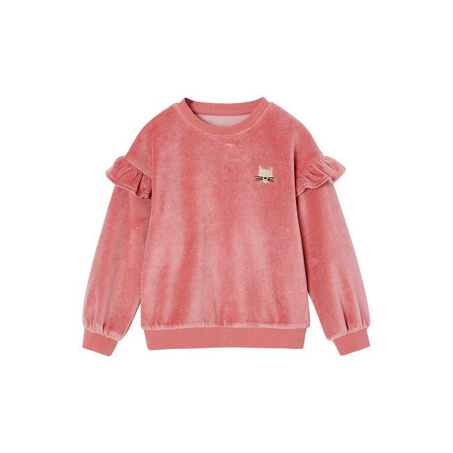 Sweat à volants en velours lisse motif chat rose <span itemprop=
