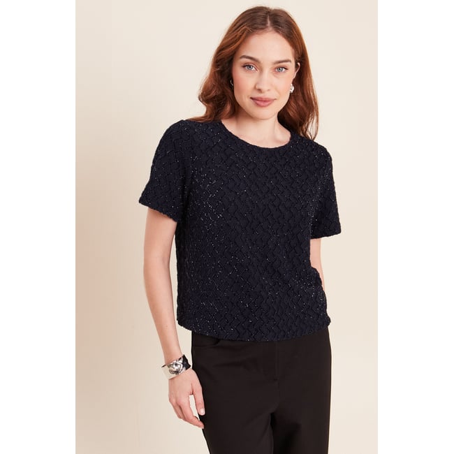 T-shirt col rond manches courtes doublé bleu foncé <span itemprop=