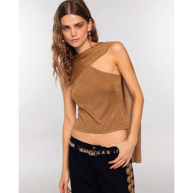 Top asymétrique avec foulard décoratif brune <span itemprop=