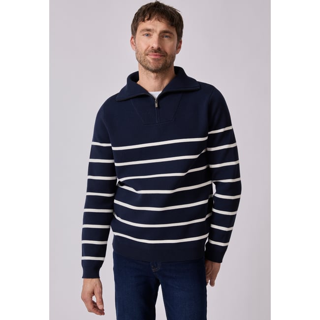 Pull col camionneur zippé bleu marine rayé <span itemprop=
