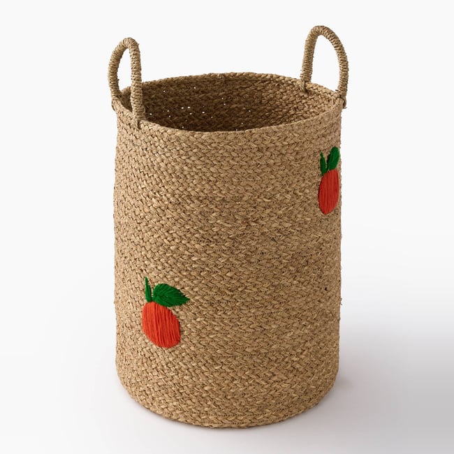 Panier tressé avec broderie pêche, D35 x H55, en jonc de mer Couleur white cap melange <span itemprop=