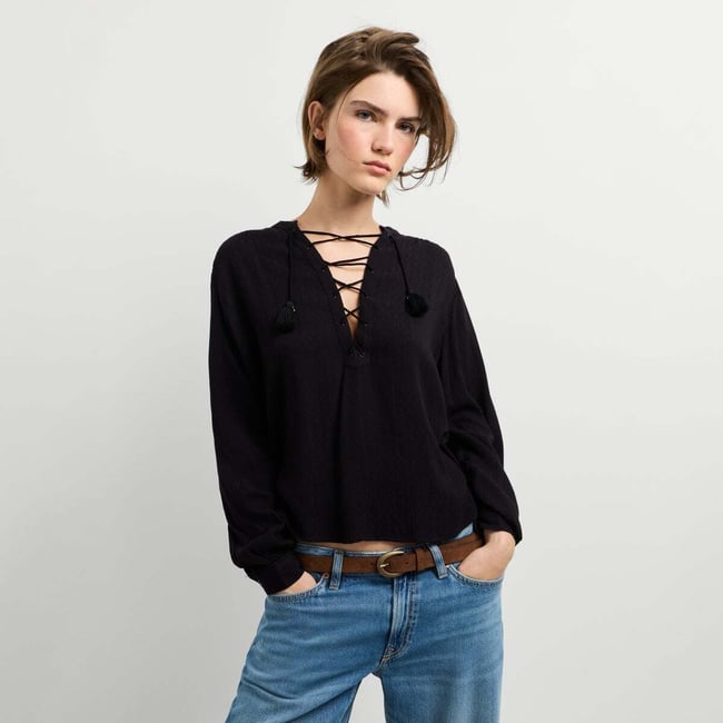 Blouse Semi-Transparente À Col En V noir <span itemprop=