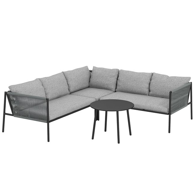Salon de jardin d'angle 5 places en résine tressée avec table basse et coussins gris gris <span itemprop=