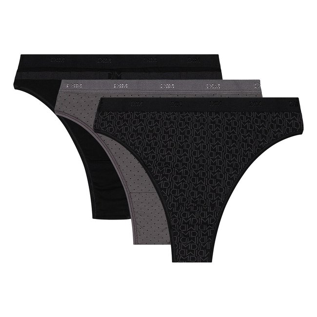 Pack of 3 Les Pockets Thongs in Cotton, black print + taupe print + black, DIM