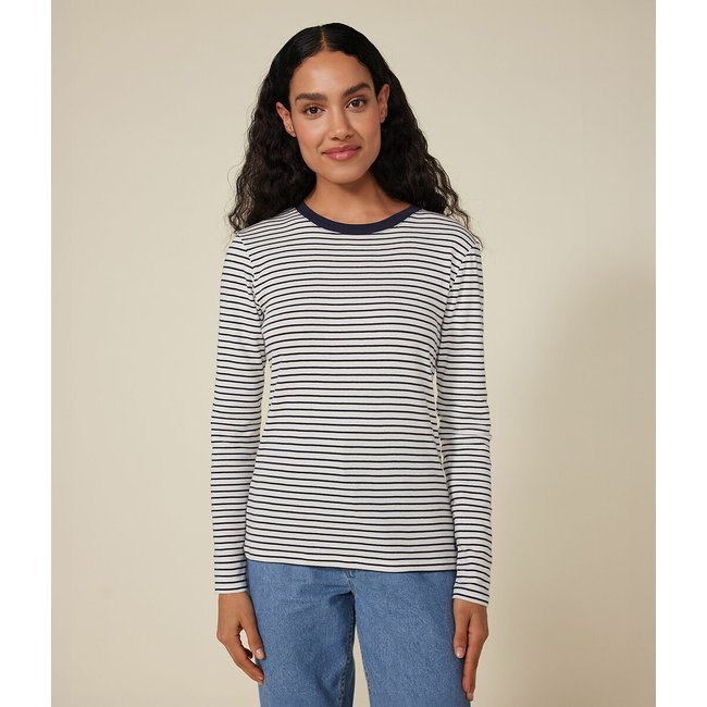 Camisola icónica de mangas compridas, em canelado, às riscas cru/marinho <span itemprop=