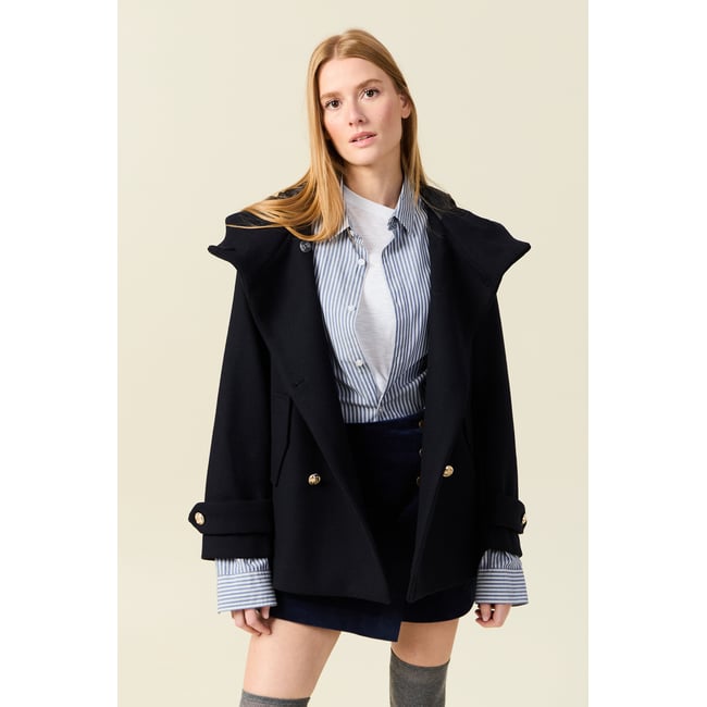 Caban oversize court à capuche bleu foncé <span itemprop=