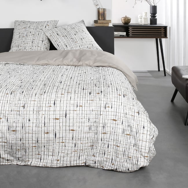 Parure de lit 2 personnes imprimé rayures coton SUNSHINE DALI blanc <span itemprop=