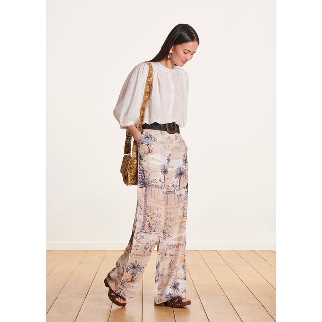 Pantalon droit viscose/lin à imprimé beige <span itemprop=
