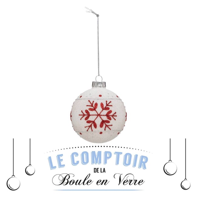 Boule de Noël en Verre 70 mm Givré Imprimé Couleur blanc <span itemprop=