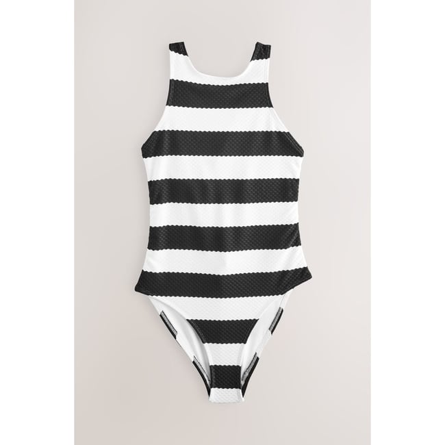 Maillot de bain à col montant effet sculptant rayé noir et blanc <span itemprop=